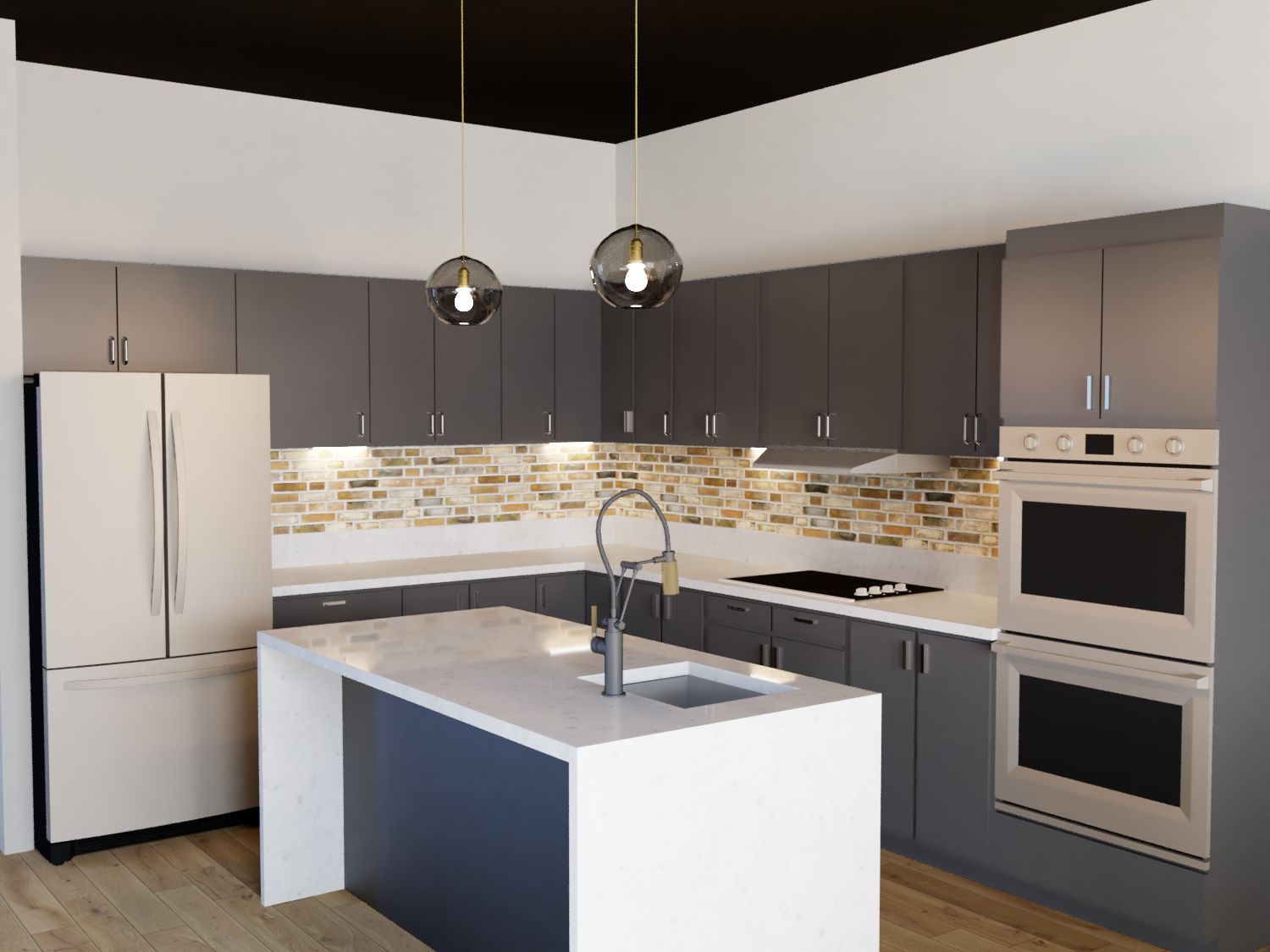 An image of a digital rendering of a modern industrial kitchen.